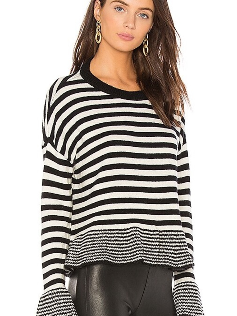 Cinq a Sept Striped Black and White Ruffle-Hem Sweater Top